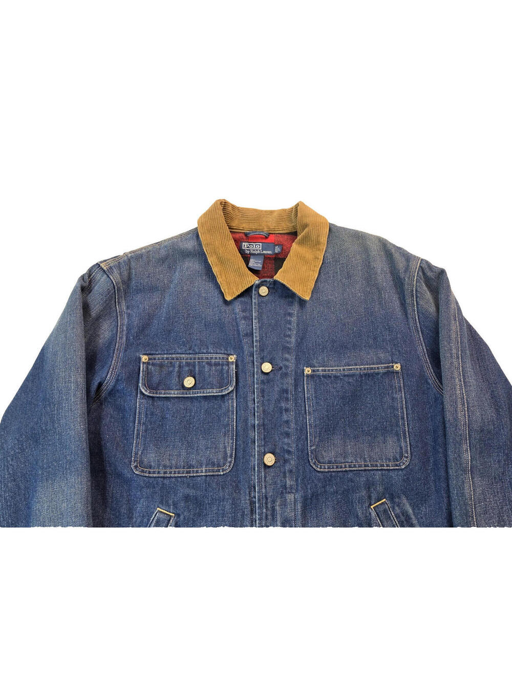 Polo Ralph Lauren Dungaree Vintage 90s Red Plaid Lined Denim Jacket Mens Large L - Picture 3 of 7